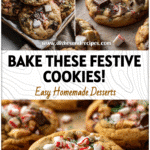 A tray of golden Christmas Kitchen Sink Cookies with peppermint candy and chocolate pieces in a festive kitchen scene.